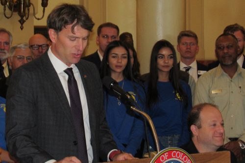 Dan Gibbs, executive director of the Colorado Department of Natural Resources, speaks at a signing ceremony for the shared stewardship agreement between Colorado and the U.S. Forest Service Oct. 23 at the Colorado State Capitol. Credit: Jerd Smith